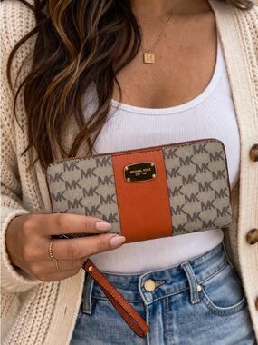 Michael Kors Signature MK Zip Around Wallet with Orange Stripe